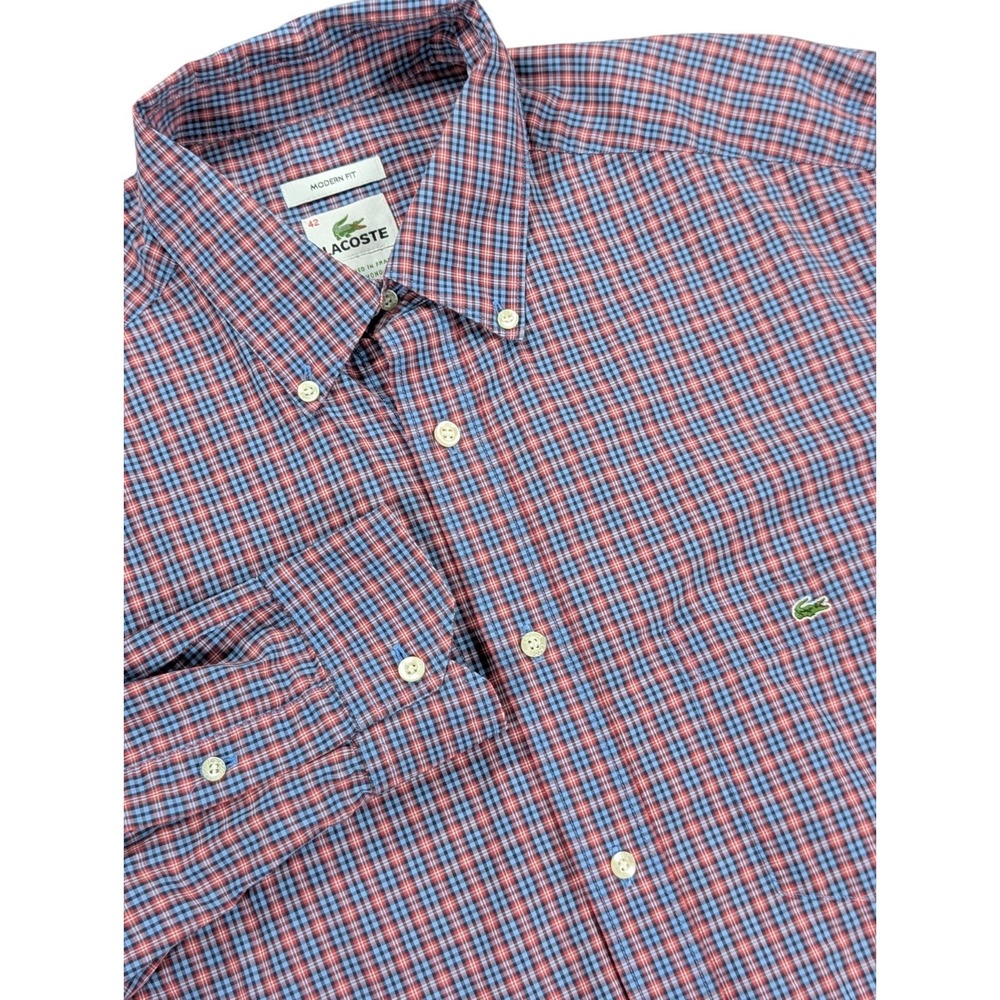 Lacoste Shirt Men's 42 Large Red Blue Check 90s Vintage Devanlay Button Down HK